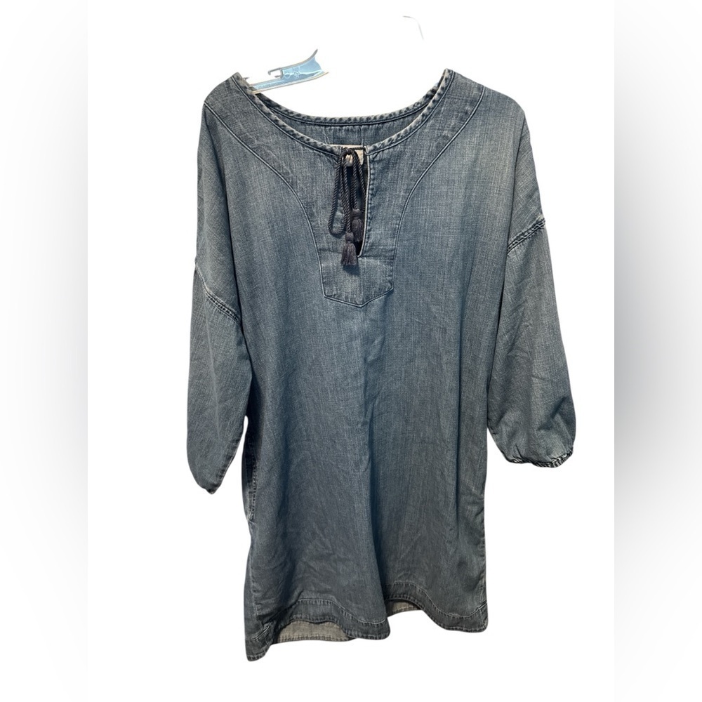 LOFT Lounge Tie Neck Tassel Denim Tunic Dress Pockets Size Medium 3/4 Sleeves